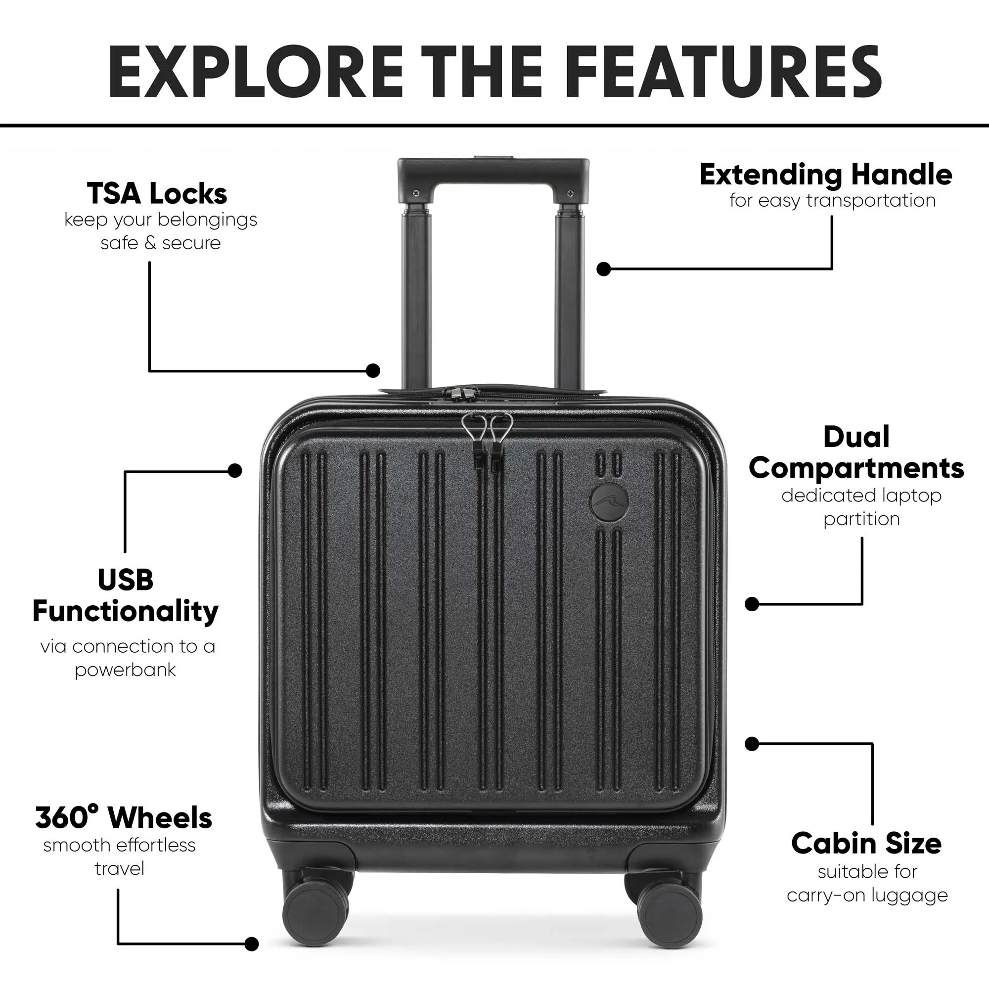 18" Cabin Size Luggage with Laptop Compartments, Dual TSA Lock, USB & 4 360° Wheels - DL156