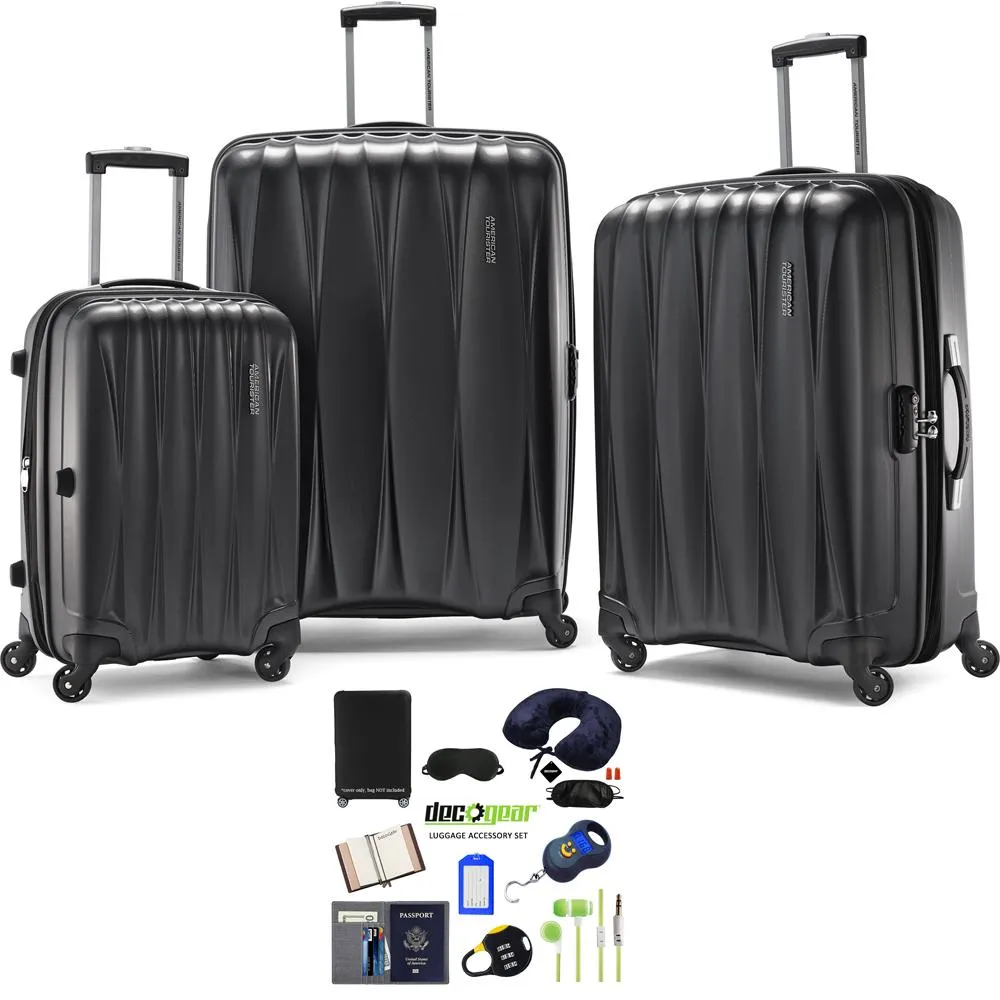 American Tourister Arona Premium Spinner 3Pcs Luggage Set Charcoal Accessory Kit