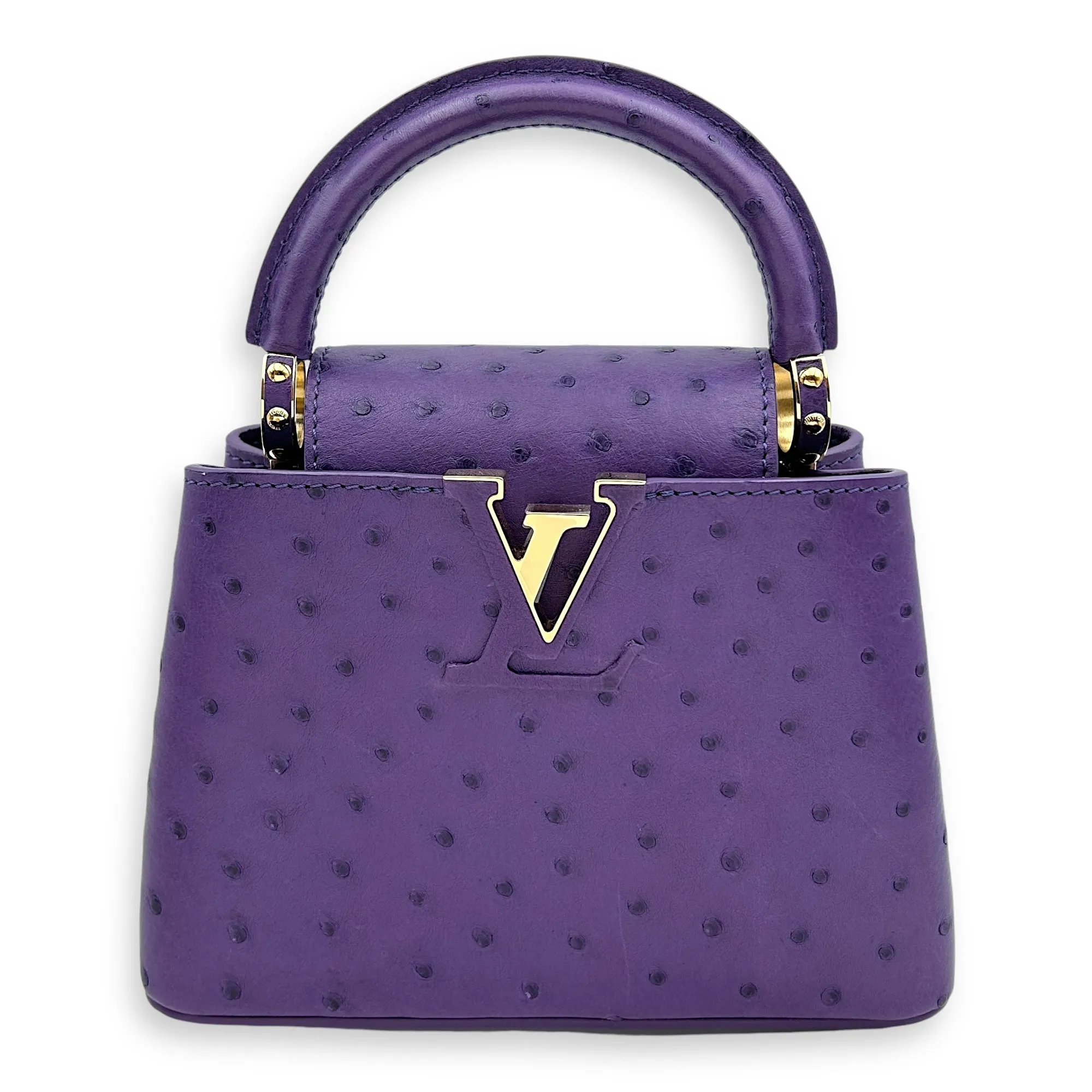 Capucines Mini Amethyste Crossbody Bag in Ostrich, Gold hardware