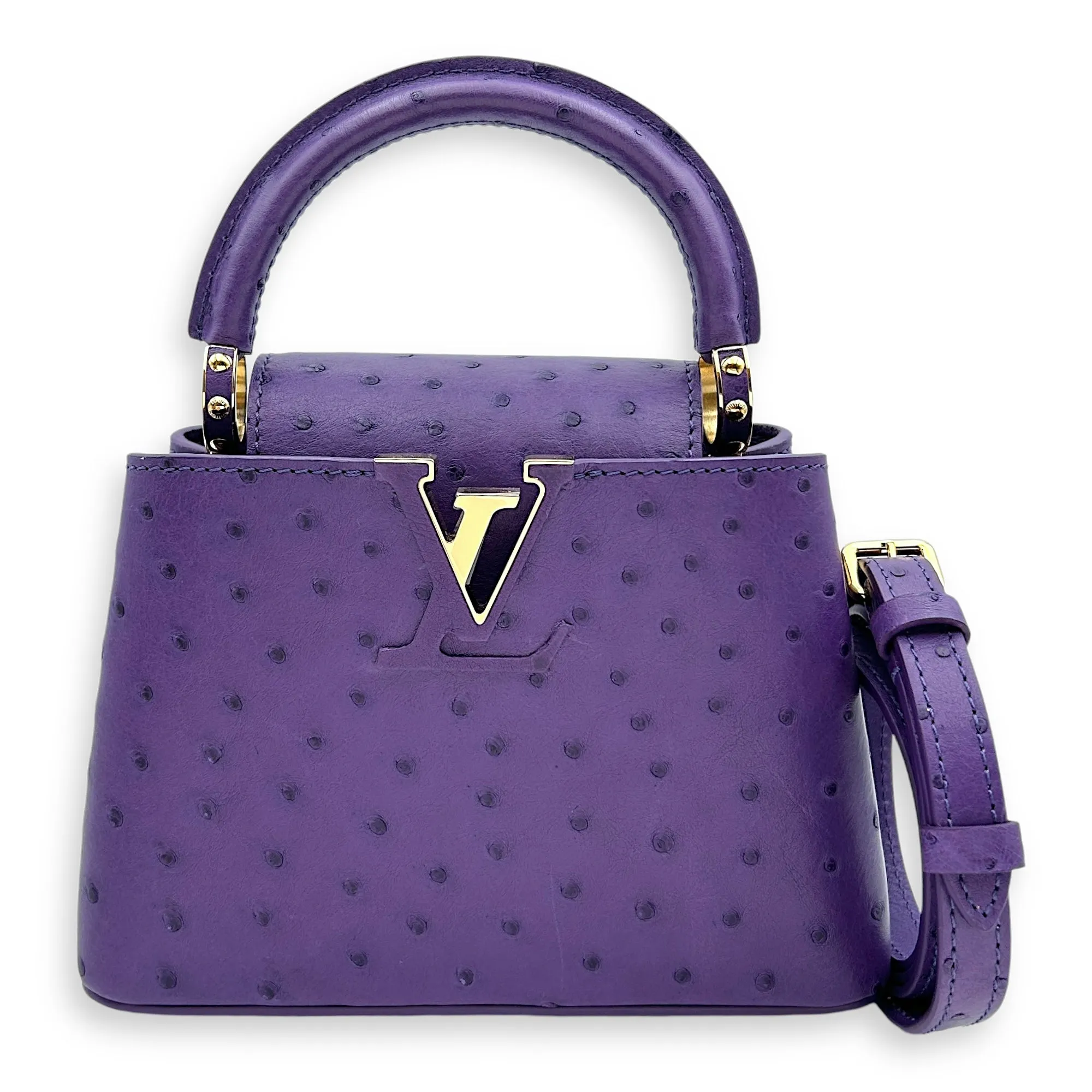 Capucines Mini Amethyste Crossbody Bag in Ostrich, Gold hardware