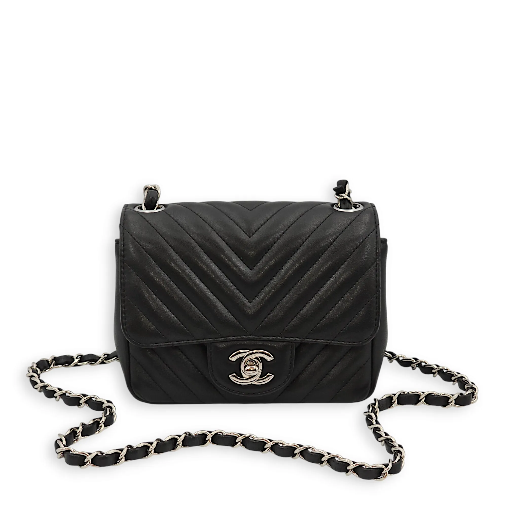 Chevron Mini Black Crossbody Bag in Lambskin, Palladium hardware