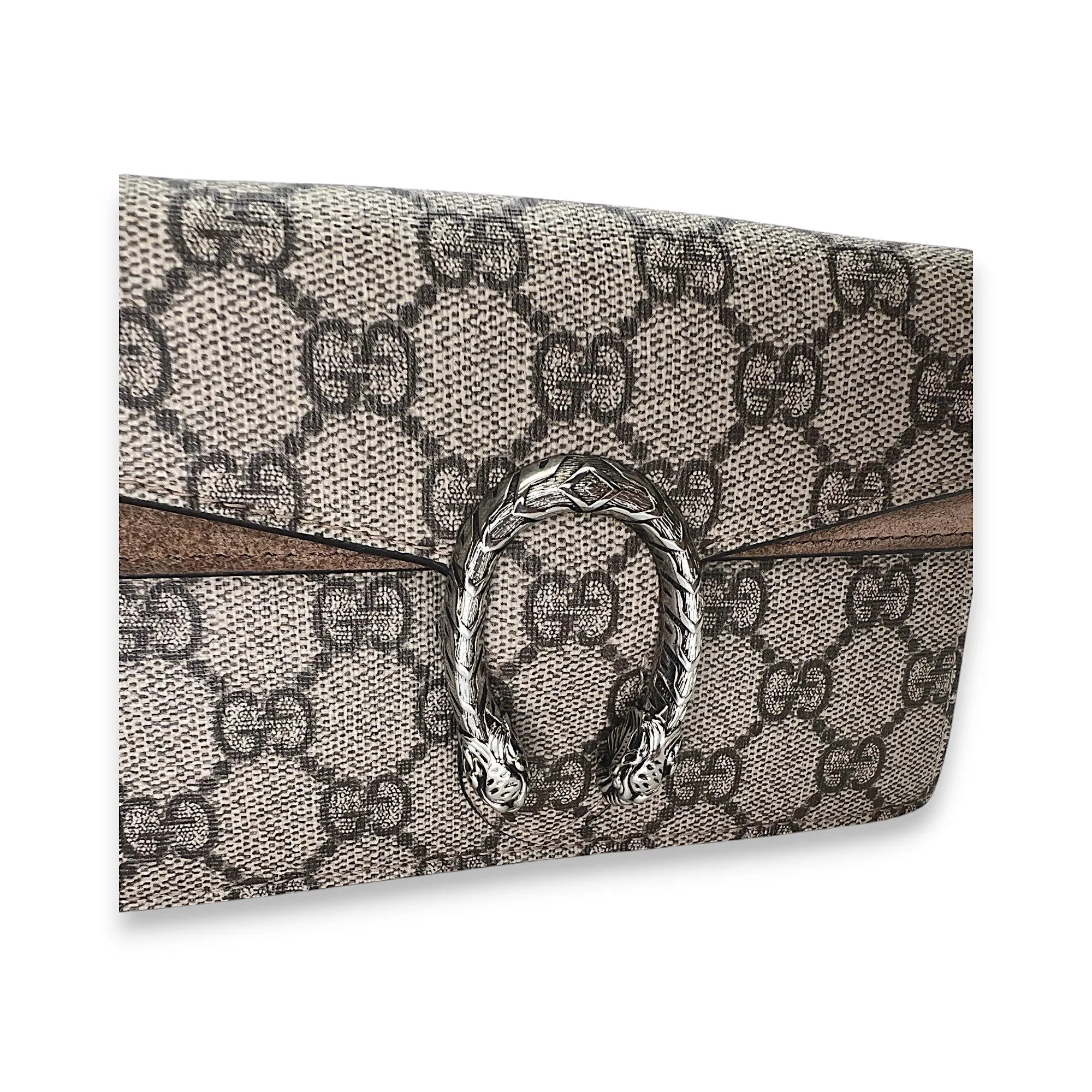 Dionysus Super Mini Brown Crossbody Bag in Monogram Coated Canvas, Silver hardware