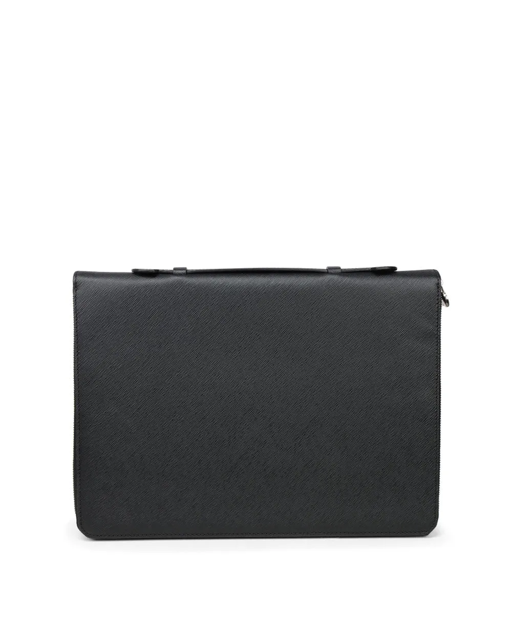 Double Zip Top Handle Saffino Leather Portfolio in Black