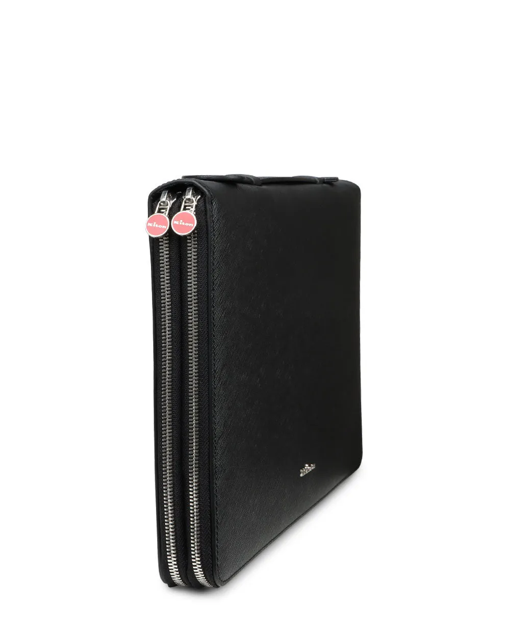 Double Zip Top Handle Saffino Leather Portfolio in Black