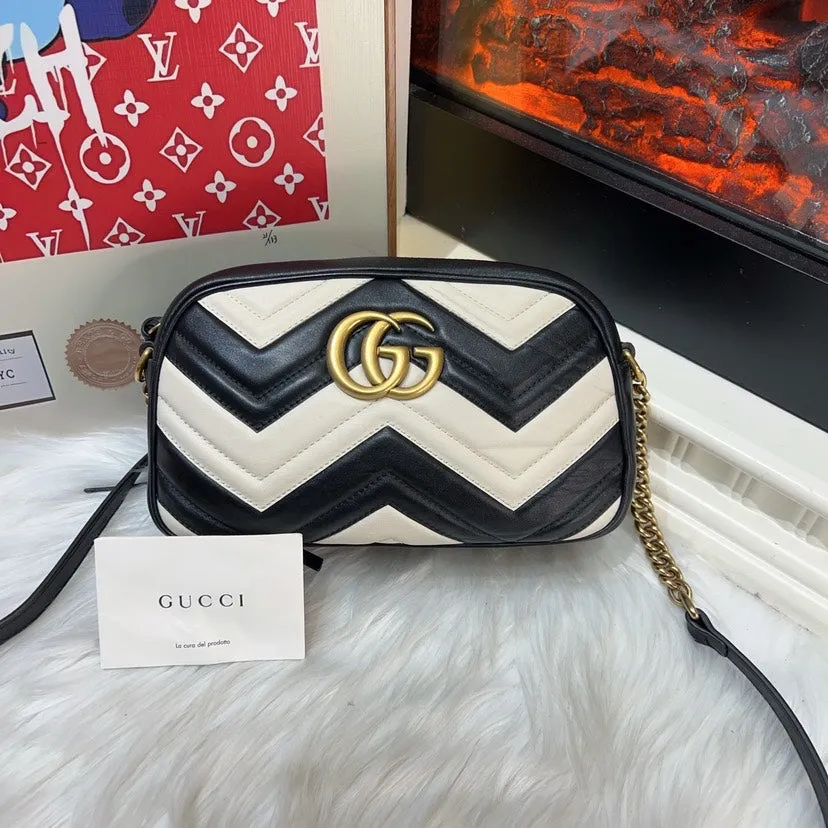 Gucci Marmont Black White Leather Camera Bag Medium