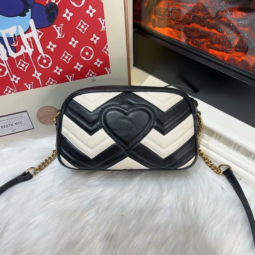 Gucci Marmont Black White Leather Camera Bag Medium