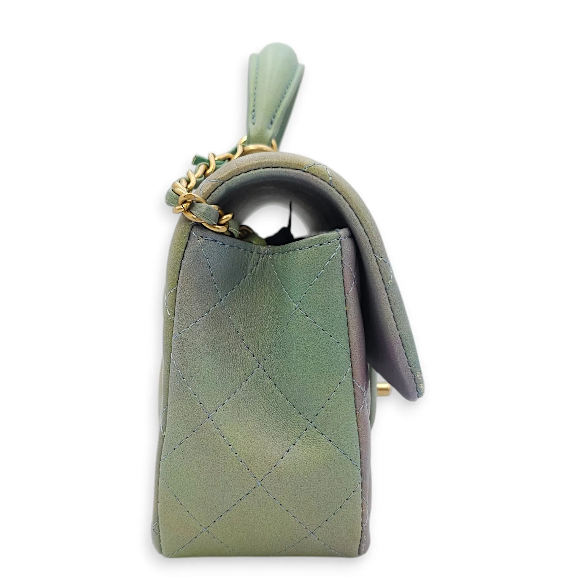 Rectangle with Top Handle Mini Green Crossbody Bag in Lambskin, Gold hardware