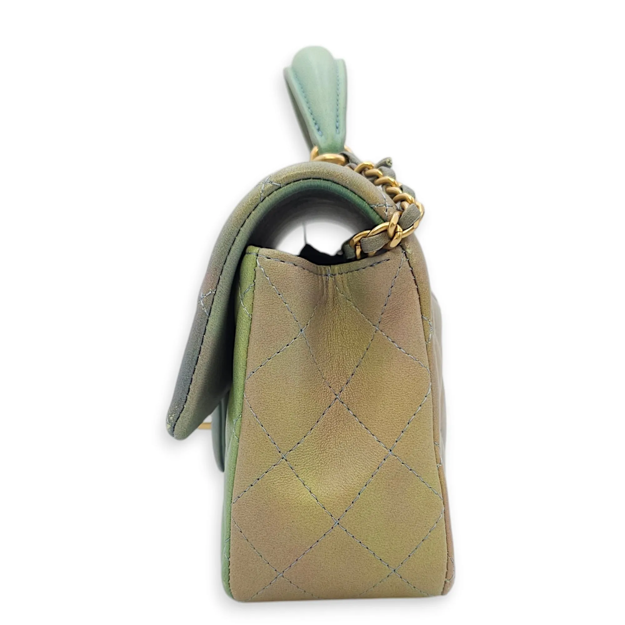 Rectangle with Top Handle Mini Green Crossbody Bag in Lambskin, Gold hardware