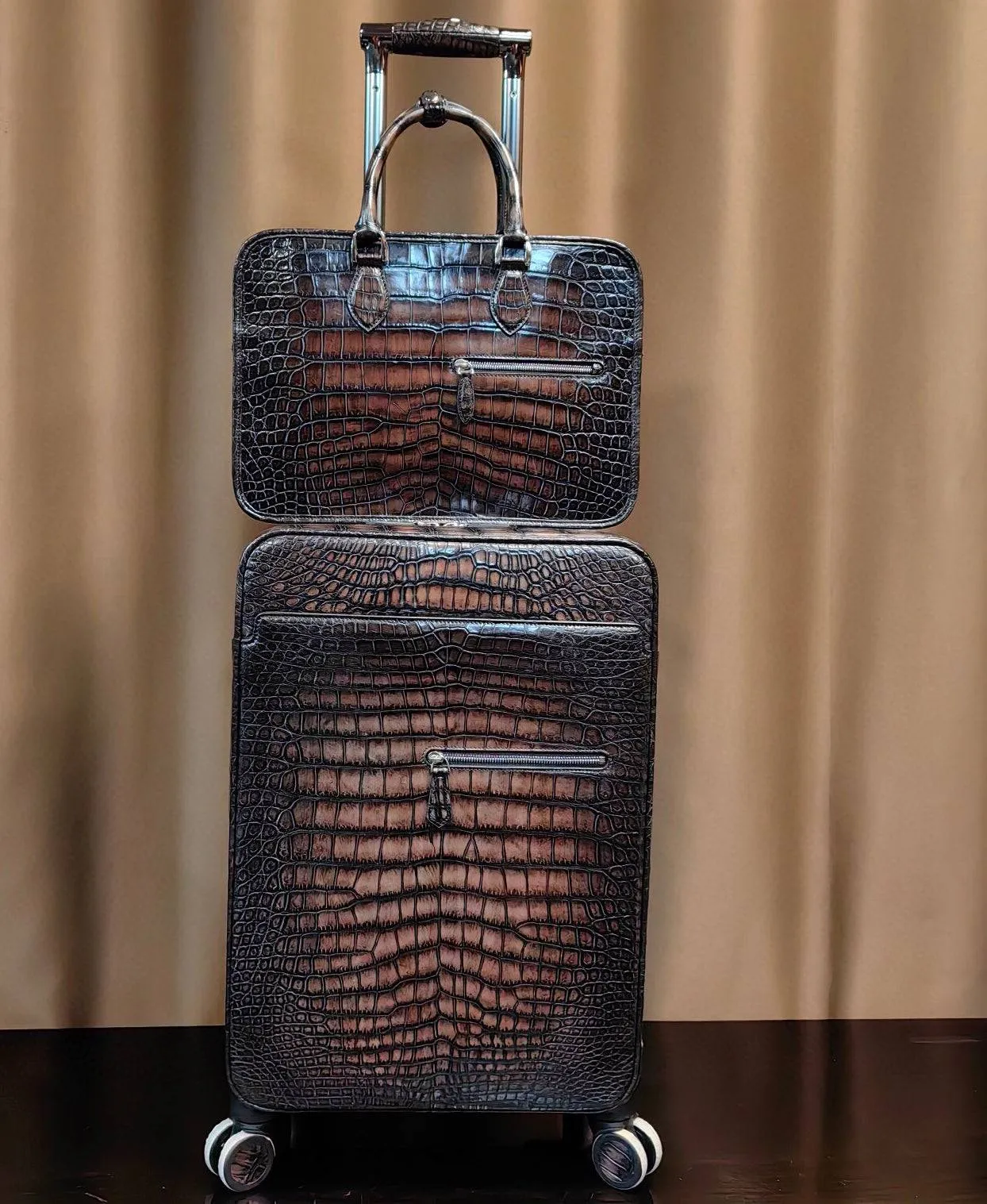 Retro Vintage Crocodile  Leather Trolley/Roll Aboard Suitcase Weekend/Travel Bag Trolley Case Universal Wheels 20-Inch With Briefcase Sets