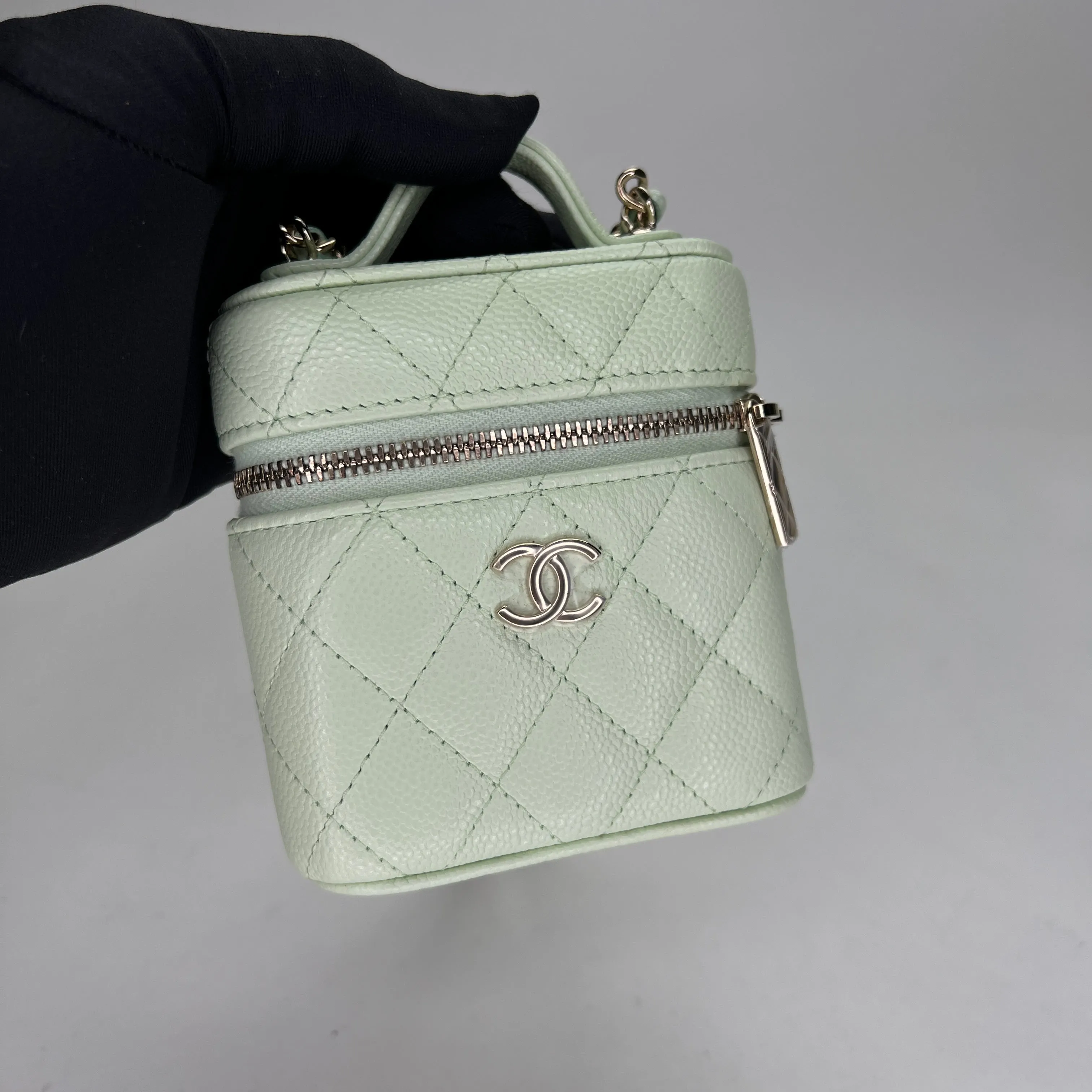 Vanity Mini Green Crossbody Bag in Caviar Leather, Gold hardware